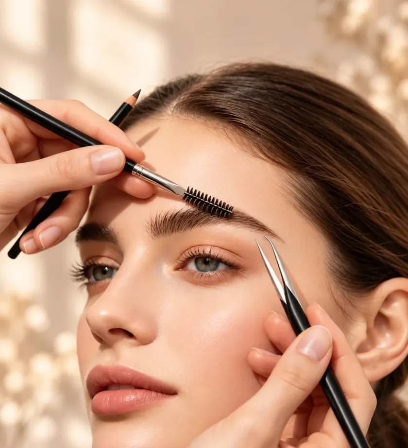 Eyebrow shaping with a brow brush, pencil and tweezers