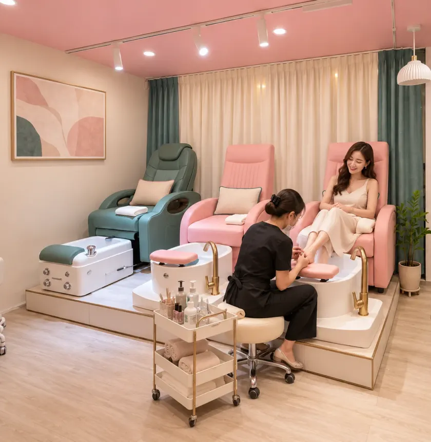 A pedicure in pink and green spa chairs with gold faucets